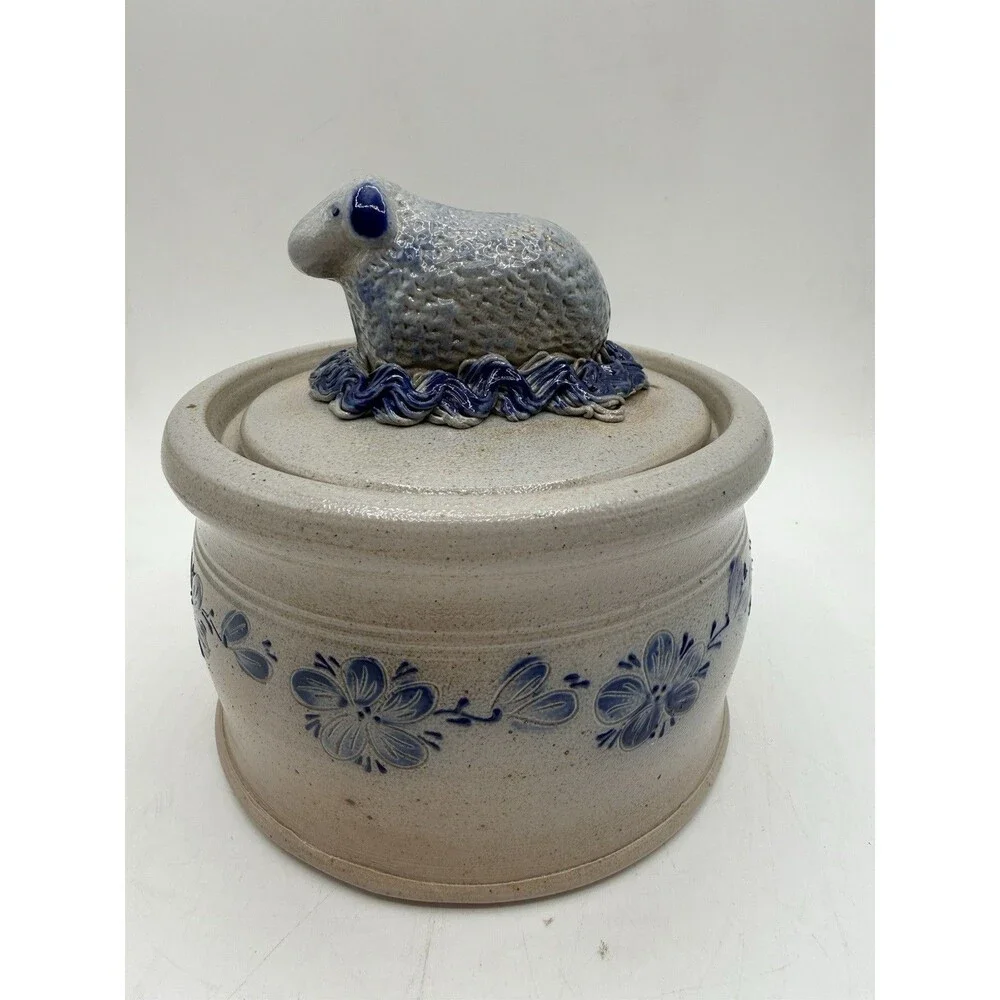 RARE ELDRETH Signed Sheep Pottery Crock w/ Lid Salt Glazed Lancaster Co PA Read